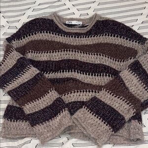 NWOT ZARA Purple Striped Open-Stitch Crewneck Sweater
